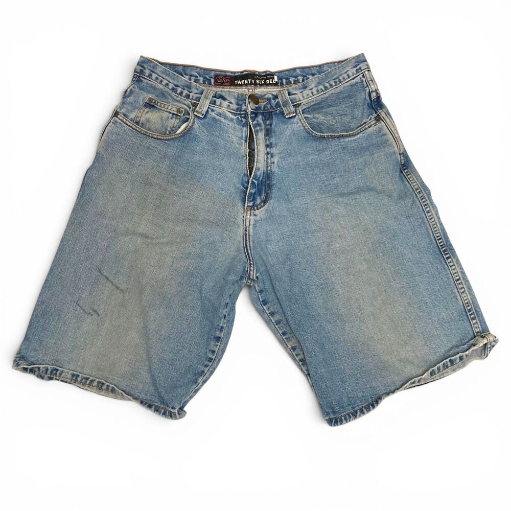 VTG Twenty Six Red Jean Shorts Men's 34 Blue Denim 90s Streetwear Y2K Distressed